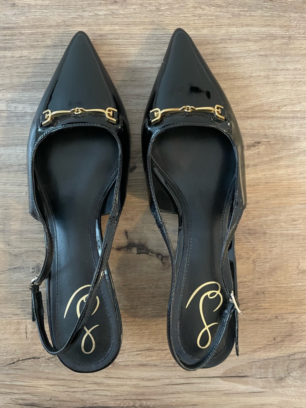 Sam Edelman Black Patent Pointed Slingback Flats with Gold Hardware